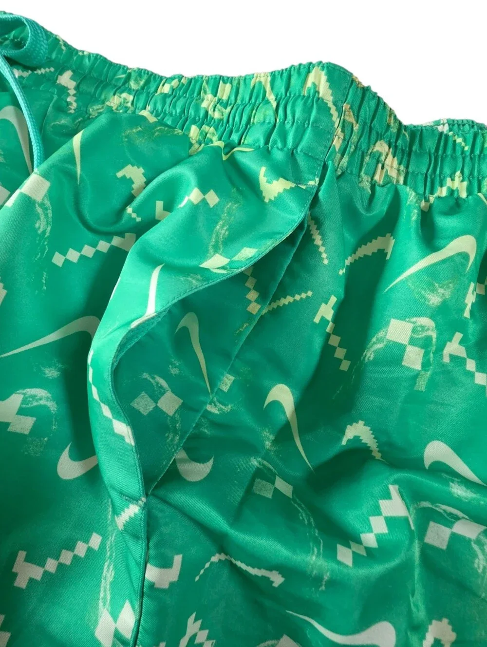 Nike Green Geometric Swim Trunks,  Pockets, Drawstring, XXL Mens